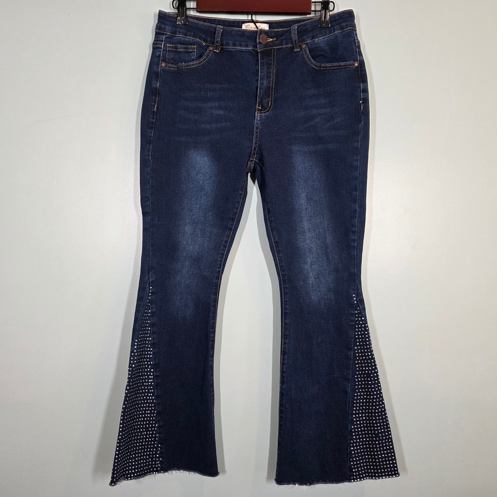 Bamboo‎ Original Denim Womens Rhinestone Flare Jeans Dark Wash Raw Hem Size 11